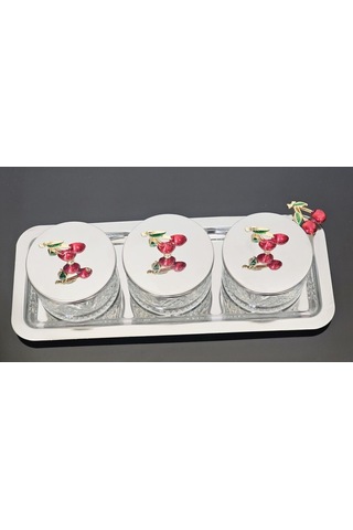 Atabey Home Collection 3'lü Kirazli Gümüş Tepsili Kase Seti & Şekerlik & Sunumluk & Çerezlik