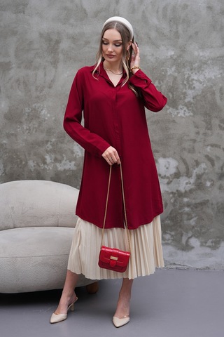 Polologin Butik Dökümlü Uzun Bordo Gömlek Tunik Bordo