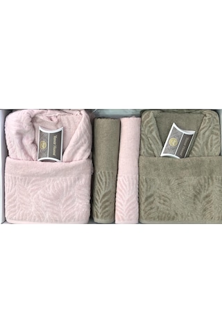 Royam Yanar Home Pamuklu Jakarlı 8 Parça Aile Bornoz Seti Takımı Bej