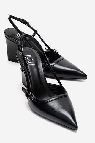 Luvishoes Celıa Siyah Cilt Sivri Burunlu Kadın Dolgu Topuklu Ayakkabı Siyah
