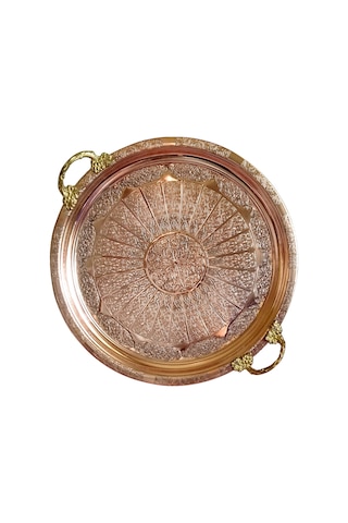 El Işlemeli Otantik Desenli Kalın Bakır Tepsi 1Mm 38 CM Çap