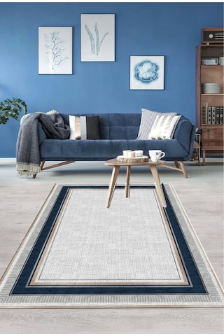 Lacivert Dijital Baskı Salon Halısı Kaymaz Tabanlı Yıkanabilir Halı Yolluk 501 Lacivert