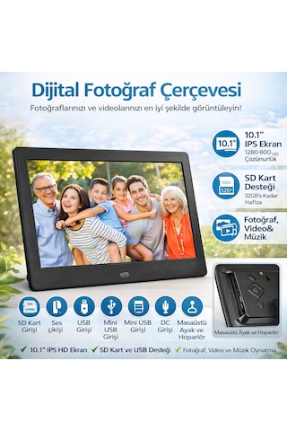 10 İnç Dijital Fotoğraf Çerçevesi Usb Sd Kart Video Müzik Saat Takvim Kumandalı Siyah