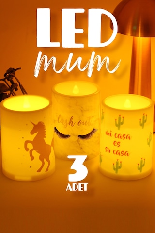 3lü Led Mum Unicorn Kirpik Kaktüs Bardak Tipi Pilli Dumansız Alevli Dekoratif Yapay Mum Dekor Lamba