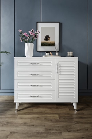 Panjurlu 4 Çekmeceli 1 Kapaklı Şifonyer Modern Tasarım, Mdf Kapak, Beyaz Gümüş Beyaz