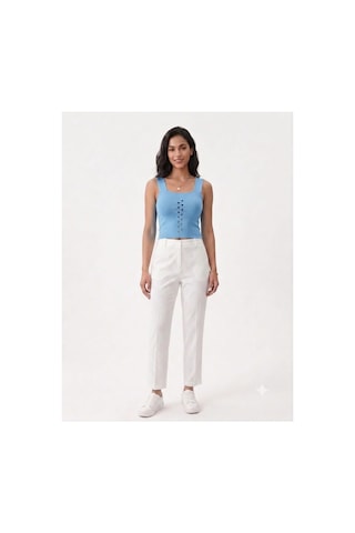 Onno Style Women Kolsuz Askılı Delikli Triko Kadın Bluz Mavi
