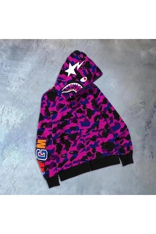 Assema Unisex 2 İplik Bape Kapüşonu Fermuarlı Hırka - Mor Çok Renkli