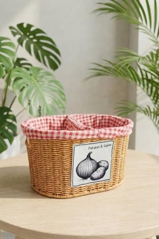 Oval Rattan Hasır Patates Soğan Çift Bölmeli Sepet Düzenleyici Organizer -9t03 Çok Renkli