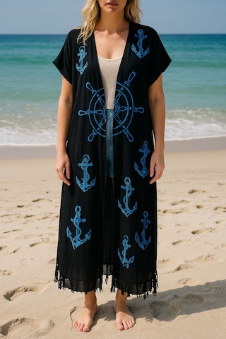 Mavi Denizci Desenli Siyah Salaş Kimono Kaftan Standart Mavi