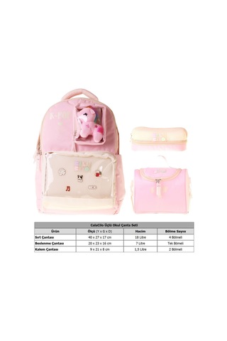 Calacilo K-pop Pink Pembe Peluş Aksesuarlı Pembe Kız Çocuk Üçlü İlkokul Okul Çantası Seti - Setcc-c4107a