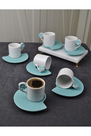 6 Kişilik 12 Parça Seramik Çiçekli Kahve Fincanı 100 Ml Türk Kahve Fincan Takımı Mavi