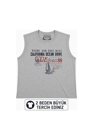 Büyük Beden Kolsuz Yuvarlak Yaka Baskılı Erkek Tishirt Atlet Gri