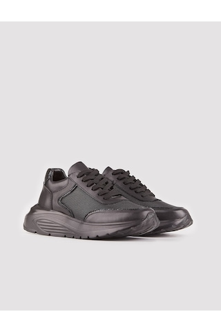 Hakiki Deri Siyah Bağcıklı Kadın Sneaker Spor Ayakkabı Siyah