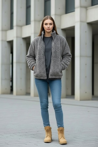Kadın Oversize Peluş, Polar, Fermuarlı, Teddy Dik Yaka, Sıcak Tutucu Yumuşak Kışlık Ceket Gri