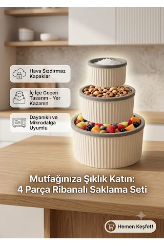 4 Parça Kapaklı İç İçe Geçebilen Erzak Ve Mutfak Saklama Kabı Seti - Krem / Gri Oluklu Desen 550ml, 1000ml, 1800ml, 3000ml Çizgili Tasarım Mutfak Düzenleyici Set