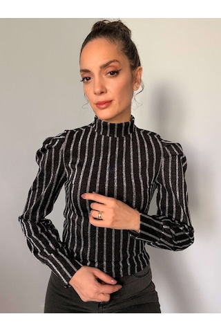 Ali Butik Siyah Simli Gümüş Çizgili Karpuz Kol Bluz Siyah