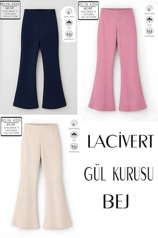 Belyakidswear 3 Lü Paket Pamuğa Pamuk Kız Çocuk Fitilli Tayt Lacivert, Gül Kurusu, Bej