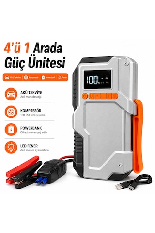 4 Ü 1 Arada Akü Takviye Cihazı 12000mah Powerbank Kompresör 150 Psı Hava Pompası Led Fenerli Taşınabilir Marş Basma Cihazı