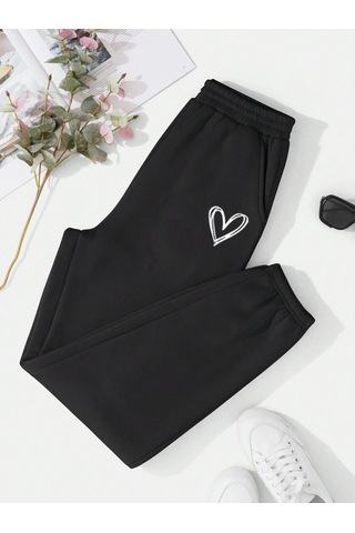 Kalp Logo Eşofman Altı Jogger - Siyah Baskılı Lastik Paça Yüksek Bel Siyah