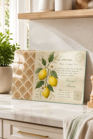 Luminaglass Cam Kesme Tahtası Limon Temalı - Cam Kesme Tablası 30cm X 40cm Bej