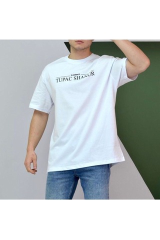 Flood Of Style Erkek Beyaz Evelast Baskılı Oversize Bisiklet Yaka Tshirt