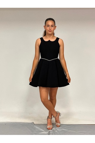 Kız Çocuk Abiye Siyah Krep Kısa Bel İnce Şerit Taş Detaylı Taş Kısa Abiye Elbise 10-15 Yaş Siyah