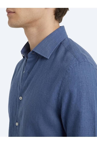 Kip İndigo Düz Regular Fit Uzun Dokuma Casual Pamuk Karışımlı Gömlek
