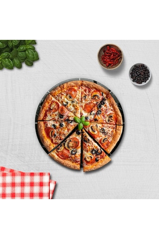 Decorita Mottolu Pizza Servis Tabağı - Siyah Mermer - Çap 32 CM
