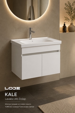 Lode Bath Kale Beyaz Demonte Lavabolu Alt Banyo Dolabı, Seramik Lavabo Dahil 80 Cm