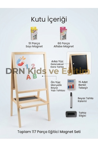 Drnkidsveeğitim Manyetik Çift Taraflı Yazı Tahtası 117 Parça Magnet,15 Renkli Tebeşir Silgi Ve Kalem Ahşap