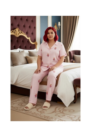Ersefa Kadın Yıldızlı Melanj Örme Pijama Takımı Gömlek Yaka Fonksiyonel Pembe