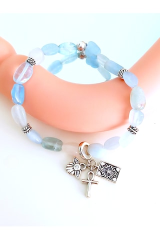 18 Ayar Altın Kaplama Ank Haç Tasarım Aqua Marın Doğal Taşlı Gümüş Kadın Bileklik Doğum Günü Hediye Gümüş