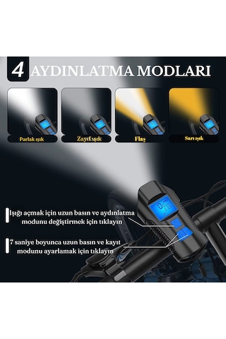 Greatech Şarjlı Bisiklet Lcd Hız Göstergesi Su Geçirmez Led Işık Km Ekran Kronometre Bisiklet Kornası Feneri Siyah - Mavi