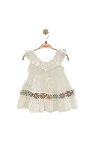 Çikoby Kız Bebek Motifli Yakası Fırfırlı Elbise-13952 Ekru