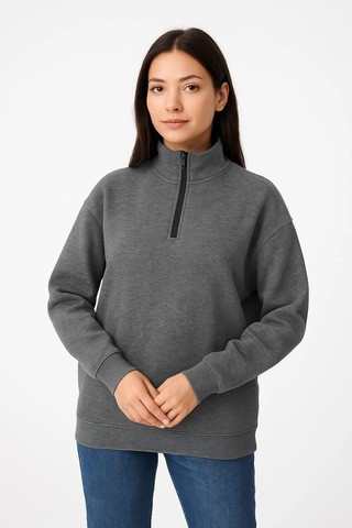 Primemagazam Kadın 3 İplik Pamuklu Dık Yaka Yarım Fermuarlı Sweatshirt - Antrasit Çeşitli