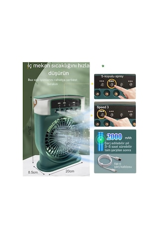 Şarjlı 600 Ml Su Hazneli Taşınabilir Masaüstü Vanilatör Güçlü Fan Ve 2000 Mah Pil Yeşil Diğer