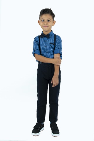 Uzun Pantolon Koyu Desenli Gömlek Erkek Çocuk Takımı İndigo