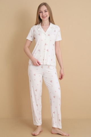 Wordex Mirano 9505 Ayıcık Desenli Pegasus Kumaş Düğmeli Kısa Kolu Kadın Pijama Takımı Ekru