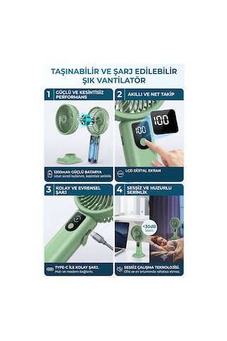 Şarjlı Standlı Güçlü El Fanı Masaüstü Mini Vantilatör 1200mah 5 Kademe Hız Ayarı Dijital Gös