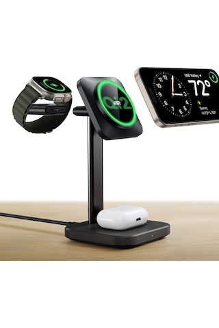 Halolock 3 İn 1 iPhone + Apple AirPods Uyumlu Watch Magsafe Şarj Standı Siyah Mfm Lisans