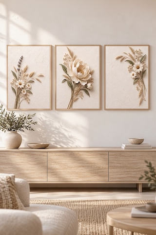 Doğal Ahşap Çerçeveli Ivory Meadow Peony 3 Lü Ahşap Çerçeveli Mdf Tablo Seti Şakayık, Lavanta Ve Papatya Kuru Çiçek Temalı Kabartma Görünümlü Renk: Doğal Ahşap