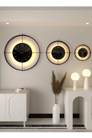 MetaQuartz Aksesuar (Büyük Boy-55*55 cm)Siyah Deluxe Siyah Camlı Ledli Modern Saat Siyah
