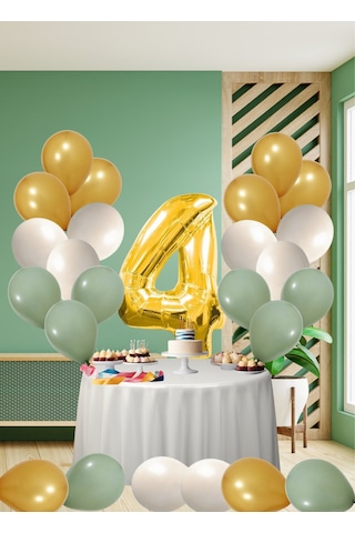 4 Yaş Küf Yeşili Temalı Doğom Günü Seti Metalik Gold Kum Beji Küf Yeşili Balonlar Gold Folyo Rakam Çok Renkli