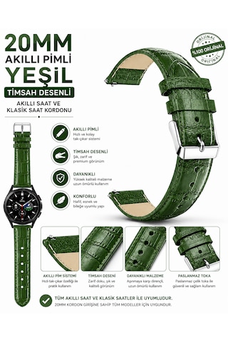 20mm Yeşil Krokodil Baskılı Deri Saat Kordonu Akıllı Pimli 46mm Saat Uyumlu Kayış