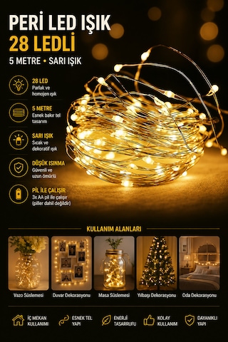 5 Metre 28 Led Peri Led Işık Sarı Dekoratif Şerit Aydınlatma Esnek Tel Led