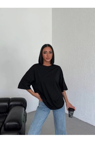 Vinevesta Kadın Düz T-shirt Kısa Kol Bisiklet Yaka Oversize Tişört - Siyah Çok Renkli