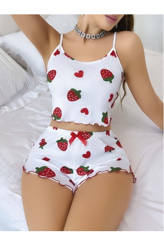 Kadın Beyaz Çilek Desenli Şortlu Pijama Takımı 5053 Beyaz