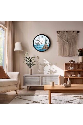 Deniz Feneri Ve Balıkçı Teknesi Temalı Dekoratif Duvar Saati 28 Cm Sessiz Mekanizma Çok Renkli