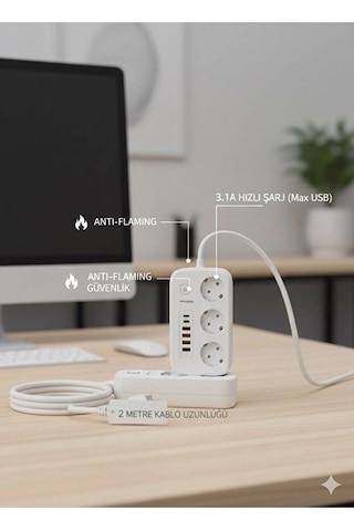 2500w Çoklu Priz 2 Metre 3 Lü Ac Priz +5 Usb Çıkışı Akım Korumalı Alev Almayan Gövde, Standart