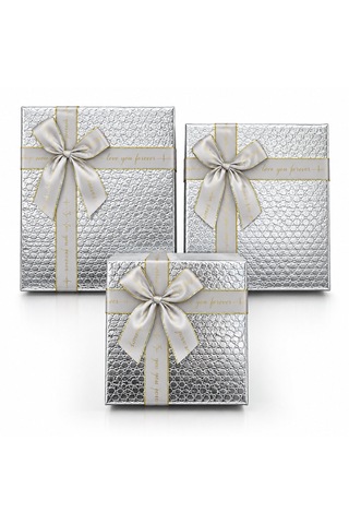 3pcs Kare Parlak Mix Renkli - Kabartma Desen Karton Hediye Kutusu Kurdelalı 19-17-15cm 5523